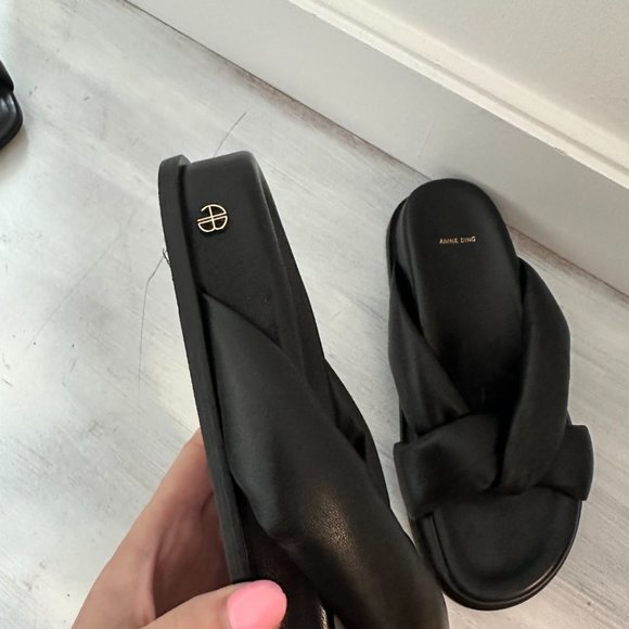 ❌SOLD❌Anine Bing Kiva Slide Sandals Sz 37 Black Leather Padded Crossover Straps - Picture 6 of 9